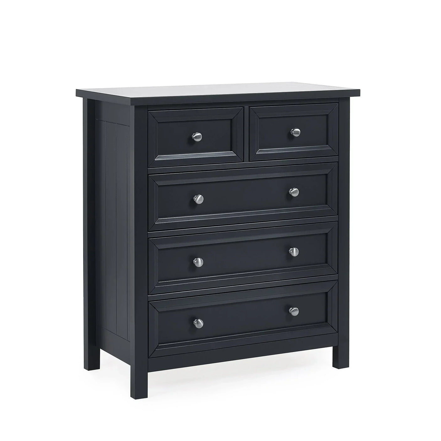 Anthracite chest of drawers with five drawers and metal knobs, angled front view