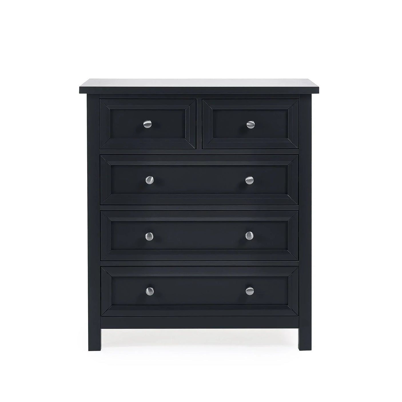 Anthracite 5 drawer chest with silver knobs and panel detailing, front-facing view