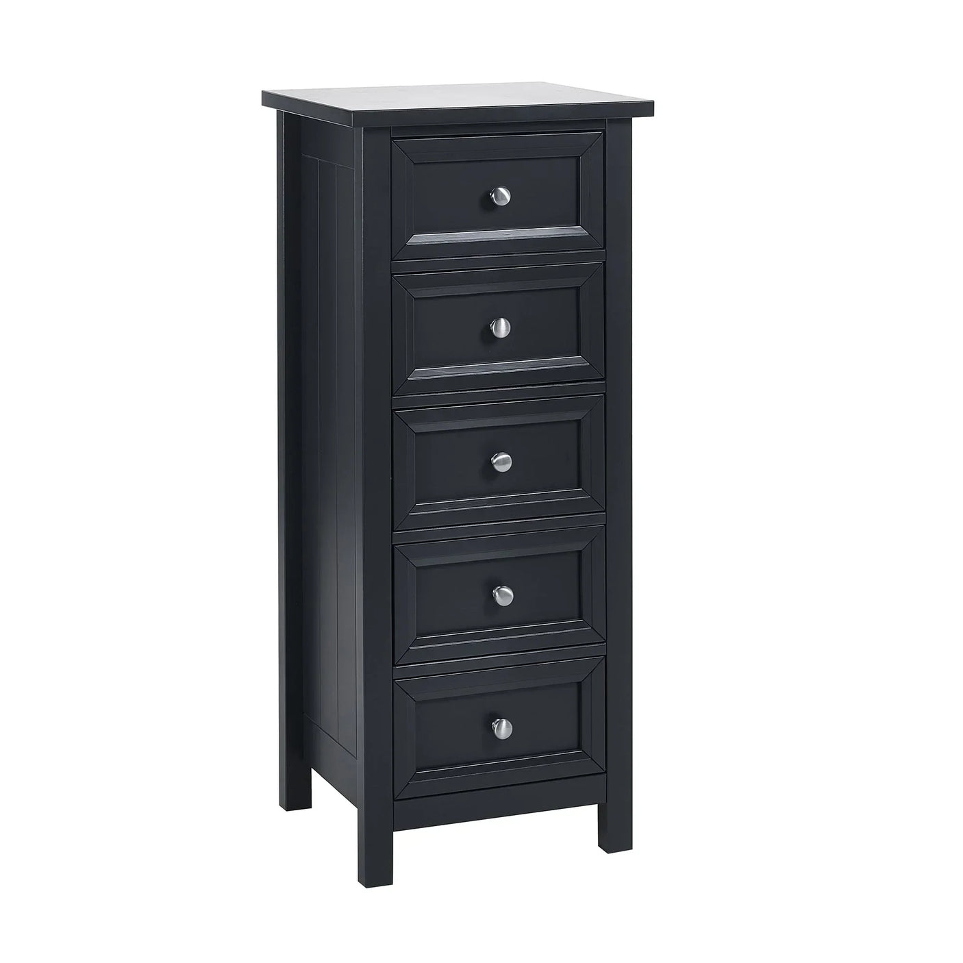 Anthracite tall chest with five drawers and silver handles, angled front view
