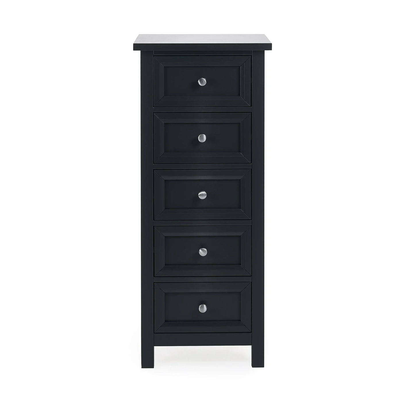 Anthracite five drawer tall chest with silver handles, front view furniture storage unit