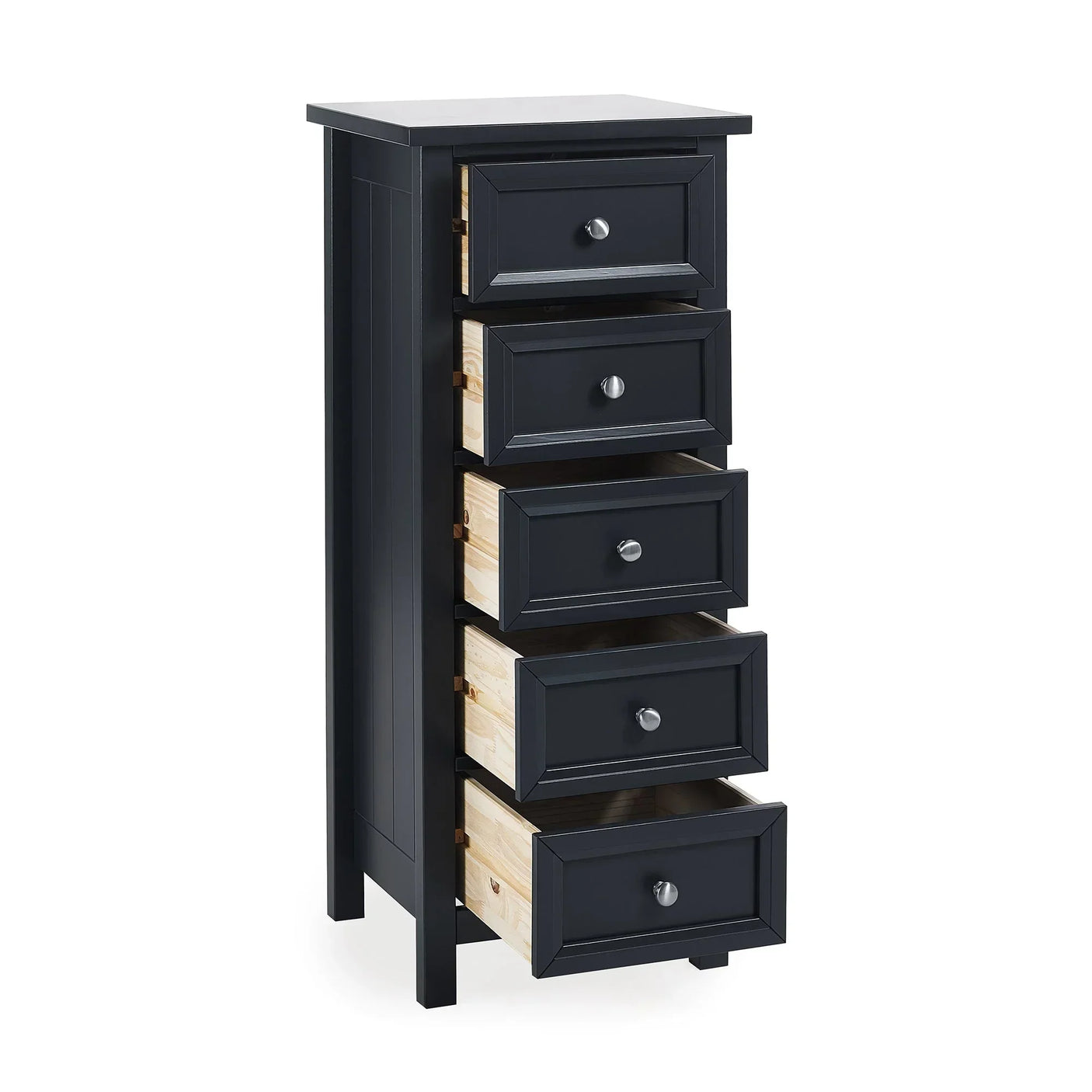 Anthracite tall chest of drawers, five drawer wooden storage unit with drawers open