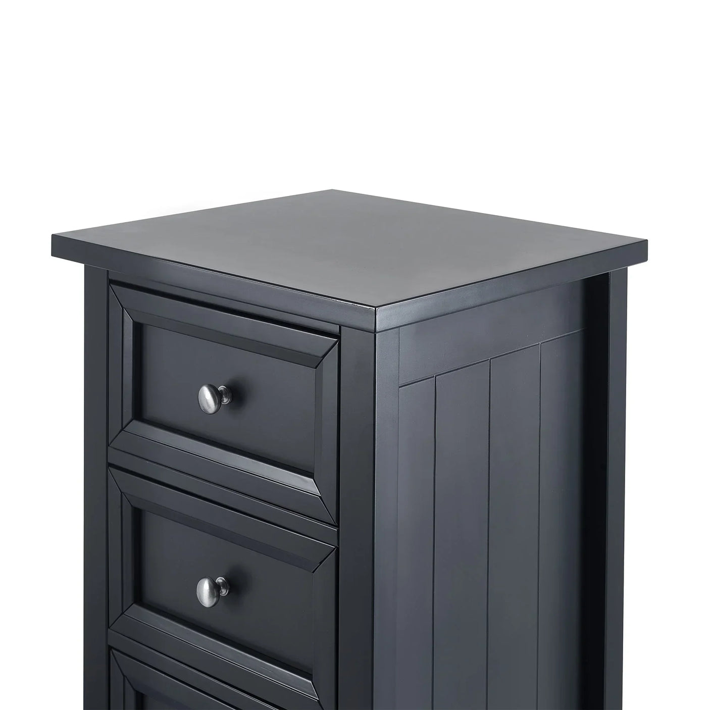 Anthracite five drawer tall chest with metal knobs, angled side and top detail view