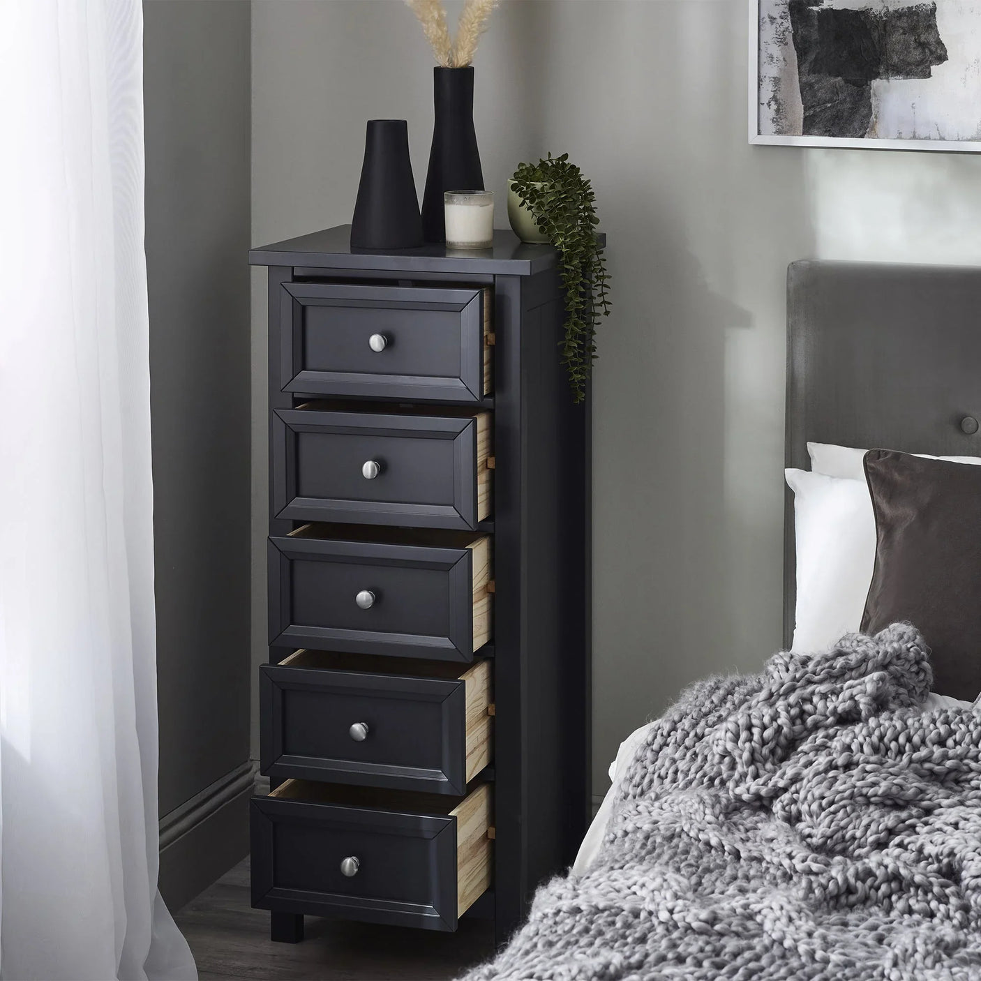 Maine 5 Drawer Tall Chest - Black - MAI154