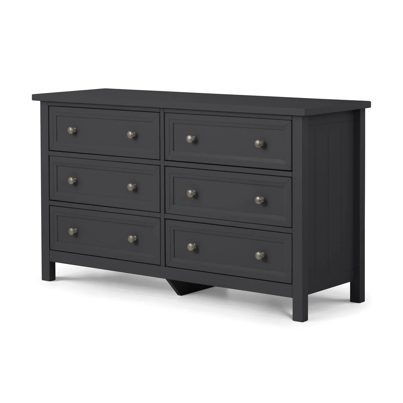 Anthracite wide chest of drawers with six drawers and metal knobs, side panel detail visible