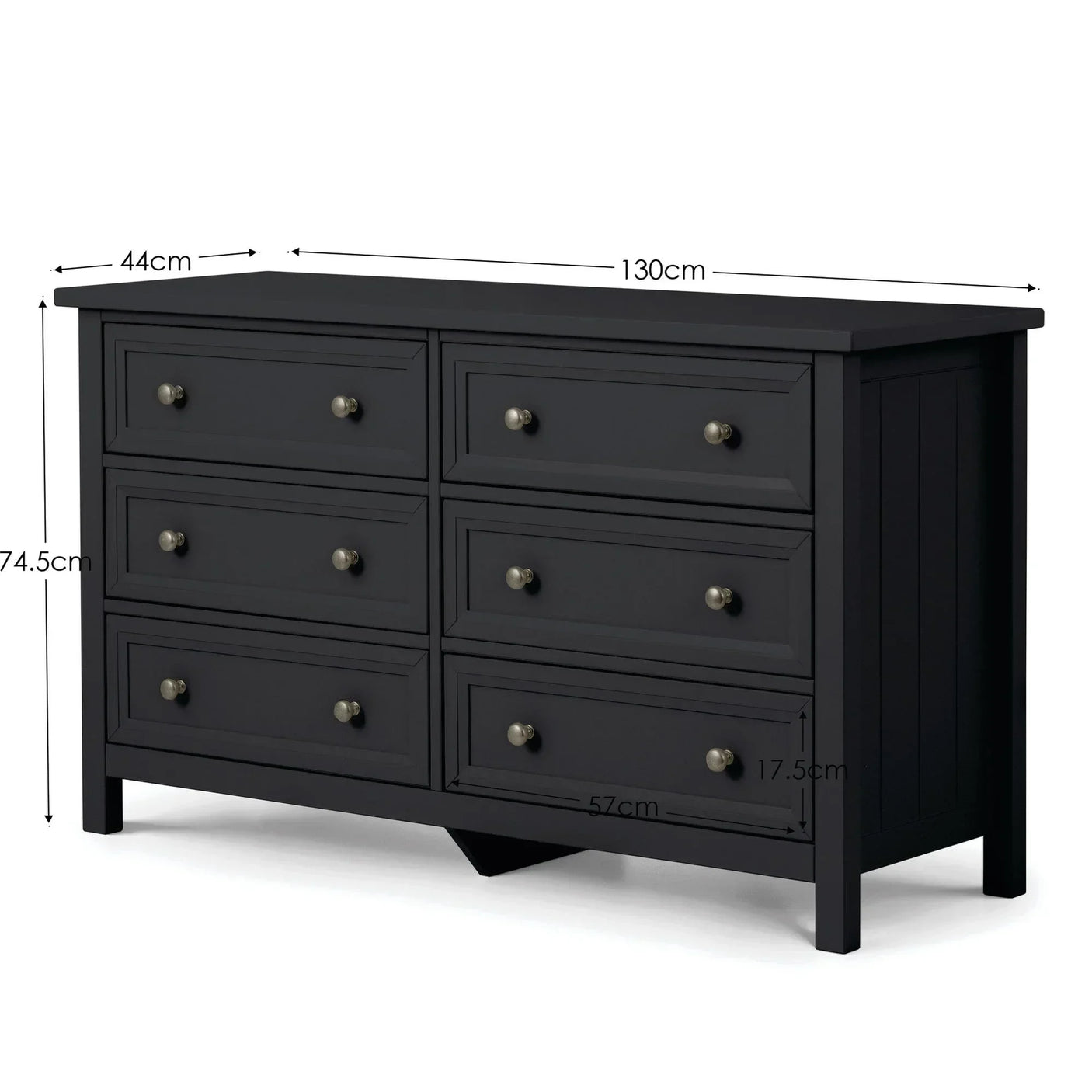 Black six drawer chest of drawers with round metal handles and dimensions labeled
