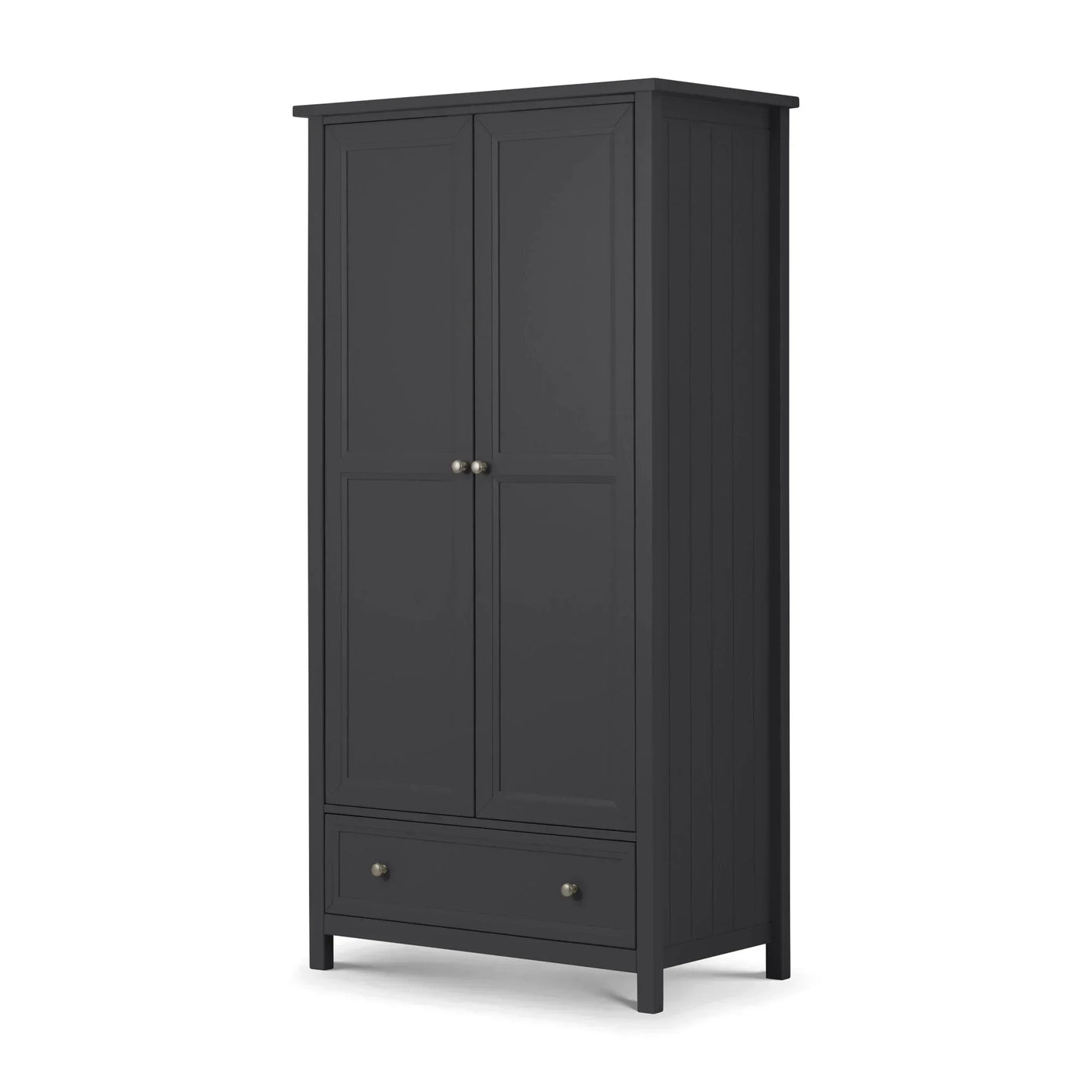 Anthracite two door wardrobe with drawer, panelled sides and metal handles, front angle