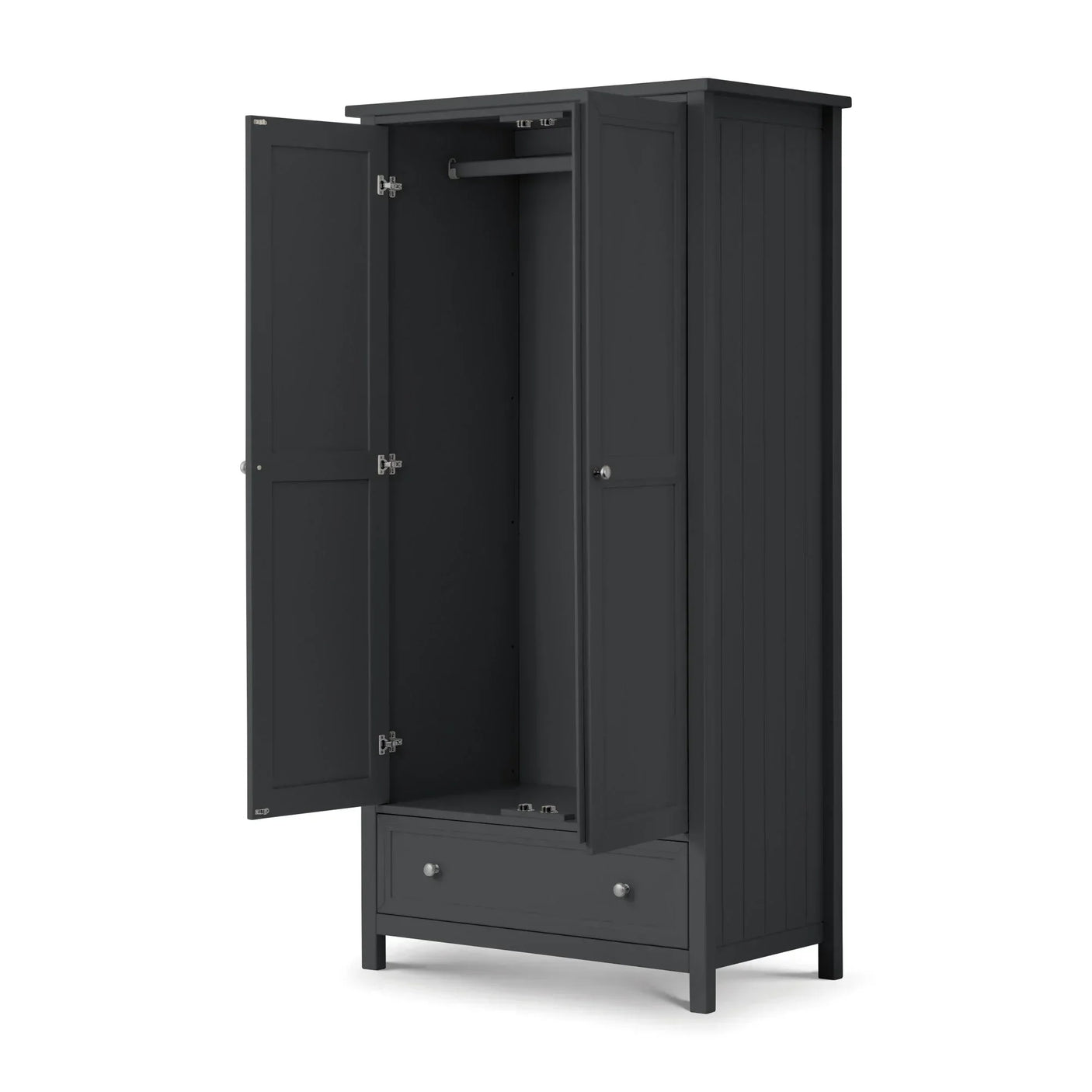 Anthracite two door wardrobe with open doors, hanging rail and single bottom drawer