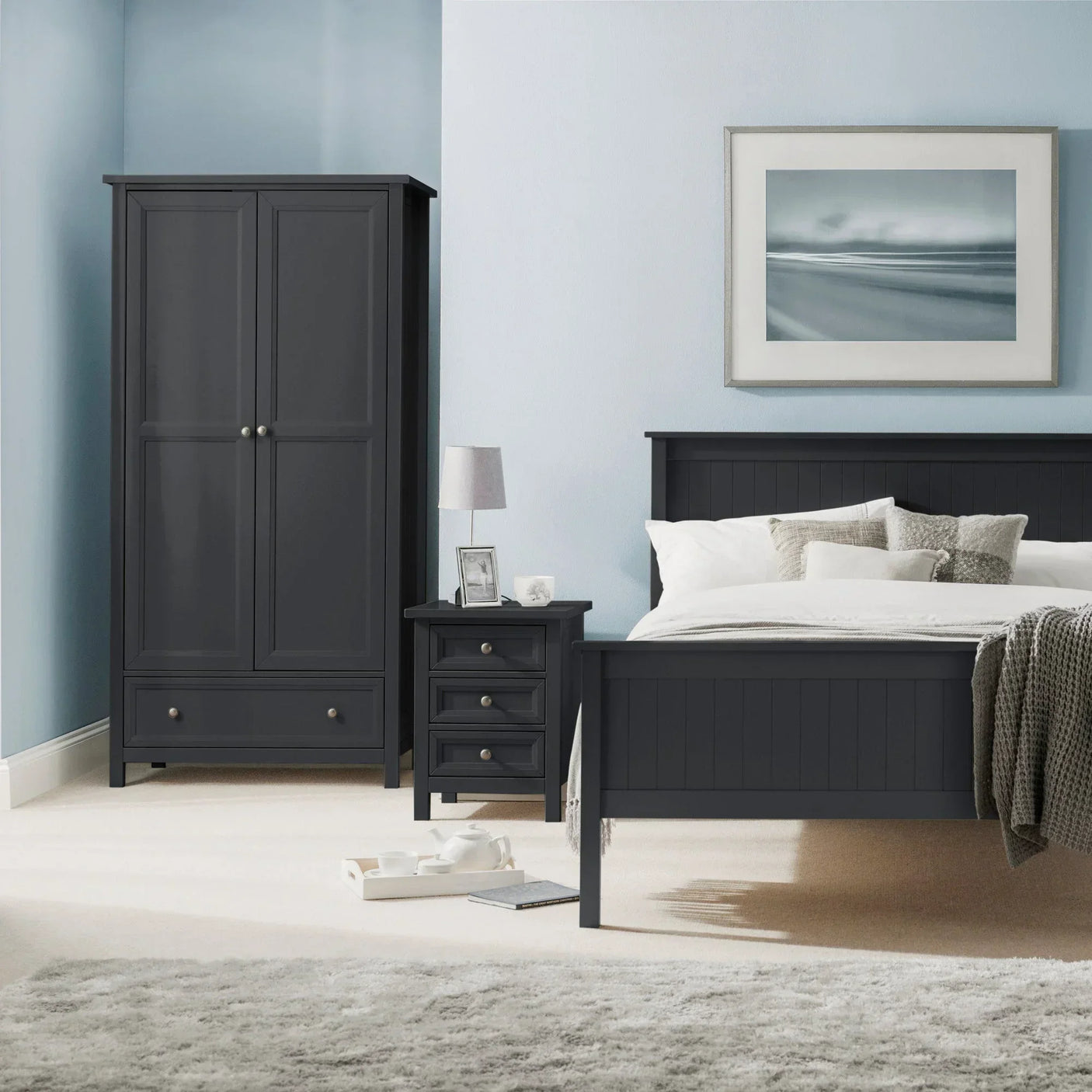 Anthracite 2 door combination wardrobe beside matching bed and bedside cabinet in bedroom