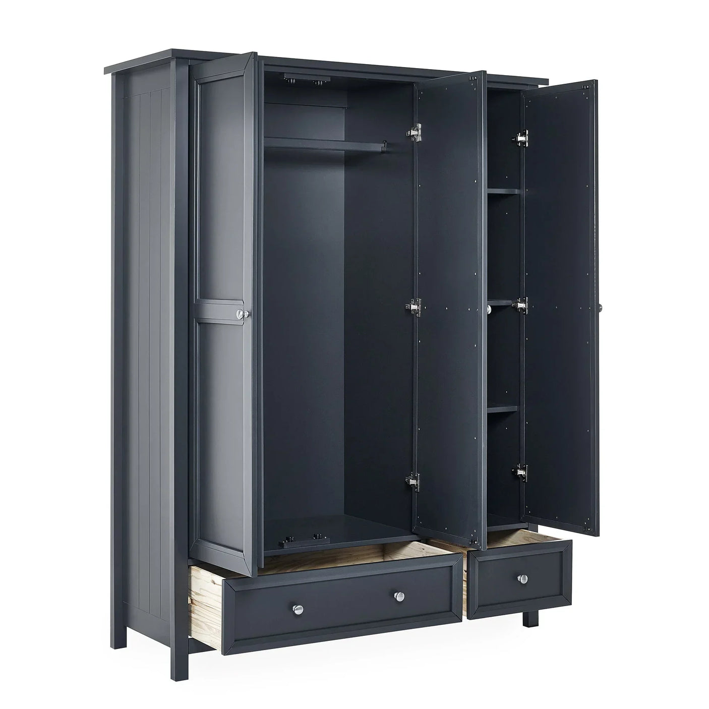 Anthracite three door wardrobe with open drawers, hanging rail and internal shelves