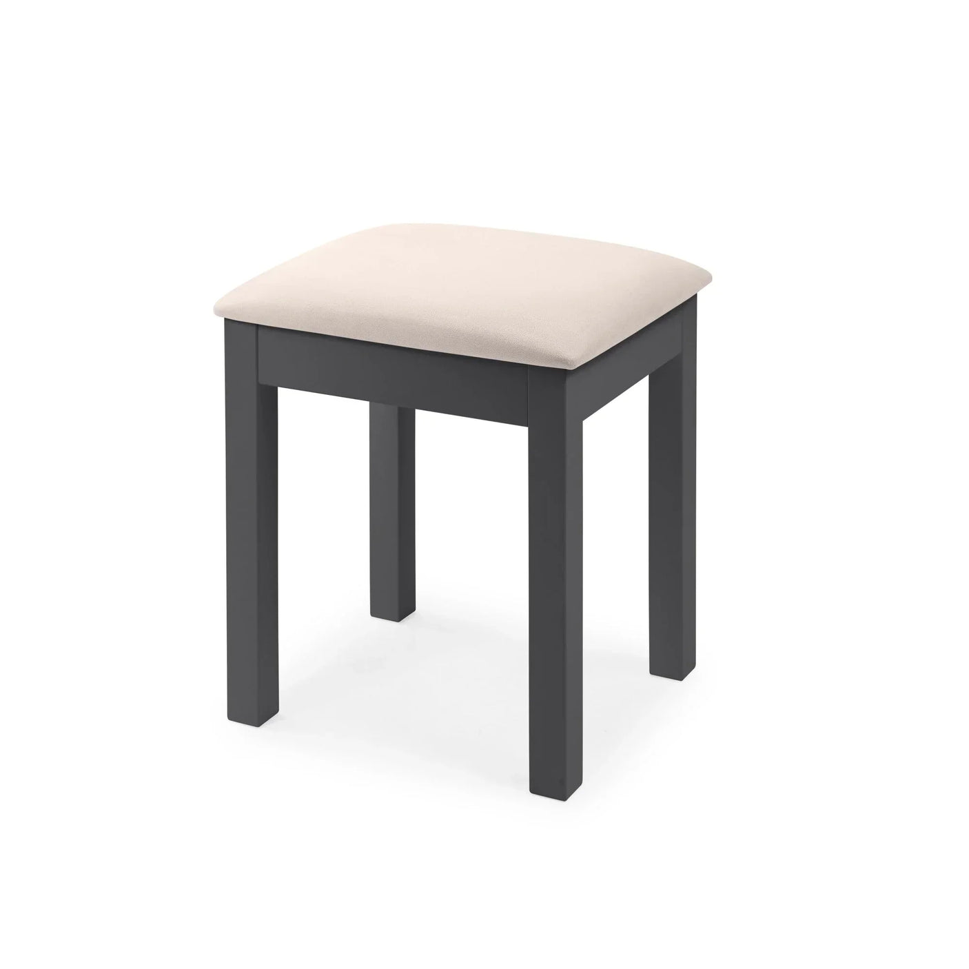 Black wooden stool with beige upholstered seat, shown at angle on white background