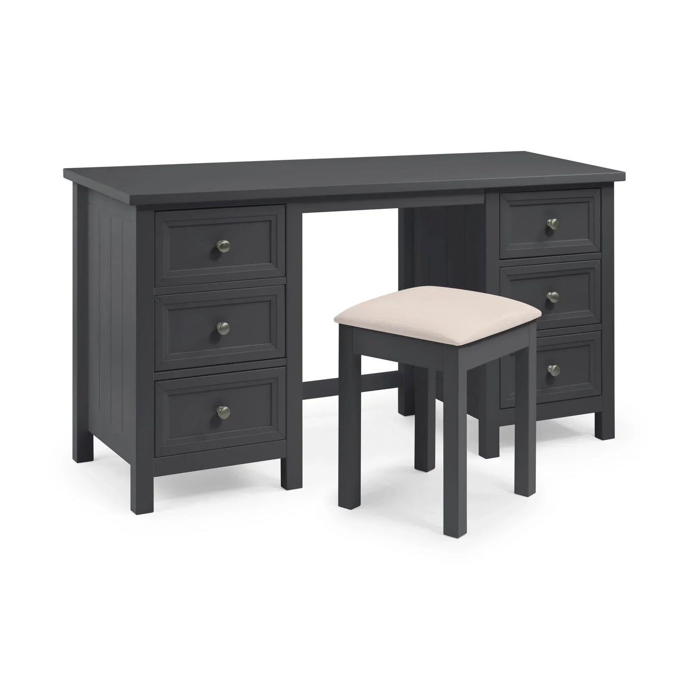 Charcoal grey dressing table with six drawers and cushioned stool on white background