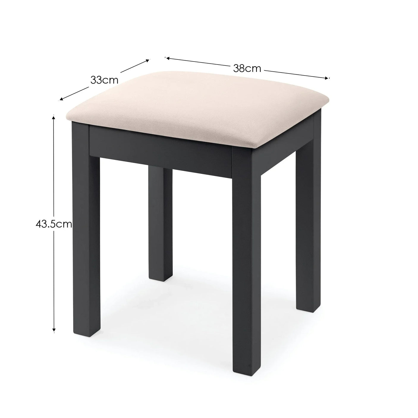 Black wooden stool with beige cushion seat, dimensions marked as 38x33x43.5cm