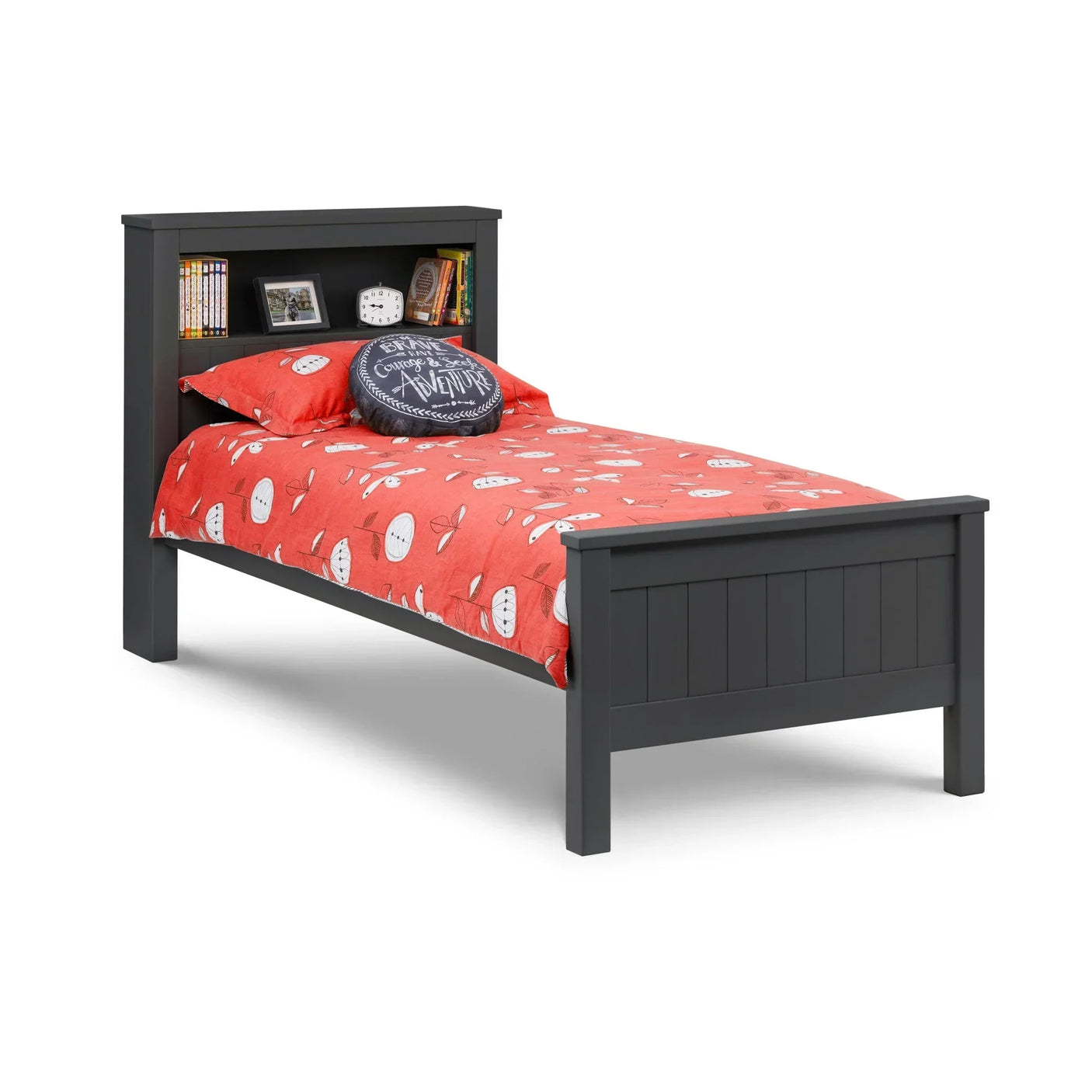Grey wooden single bed with bookcase headboard and red patterned bedding