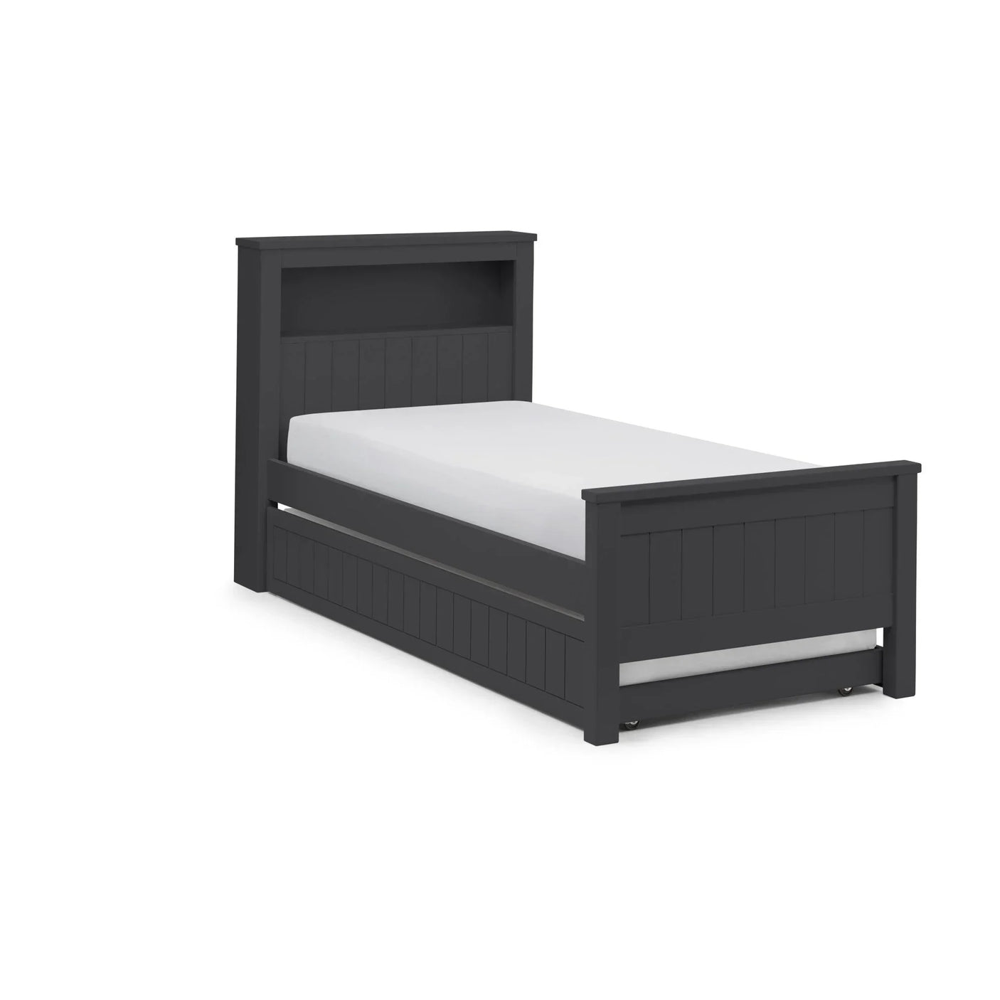 Charcoal single bed with panel headboard, built-in shelf and pull-out trundle drawer