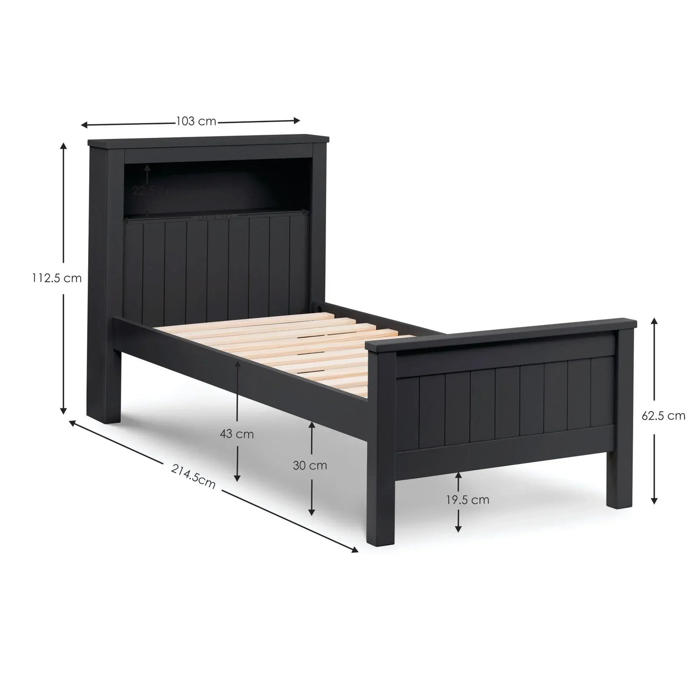 Black wooden single bed frame with headboard shelf and slatted base, size dimensions shown