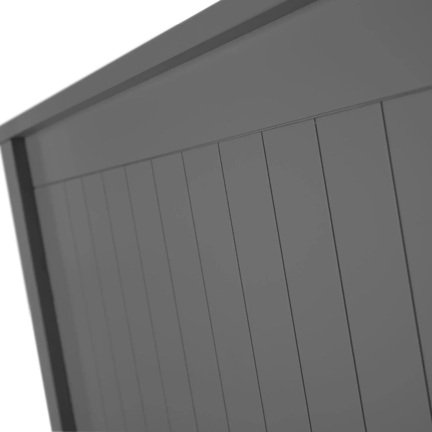 Grey wooden bed frame panel with vertical slats close-up