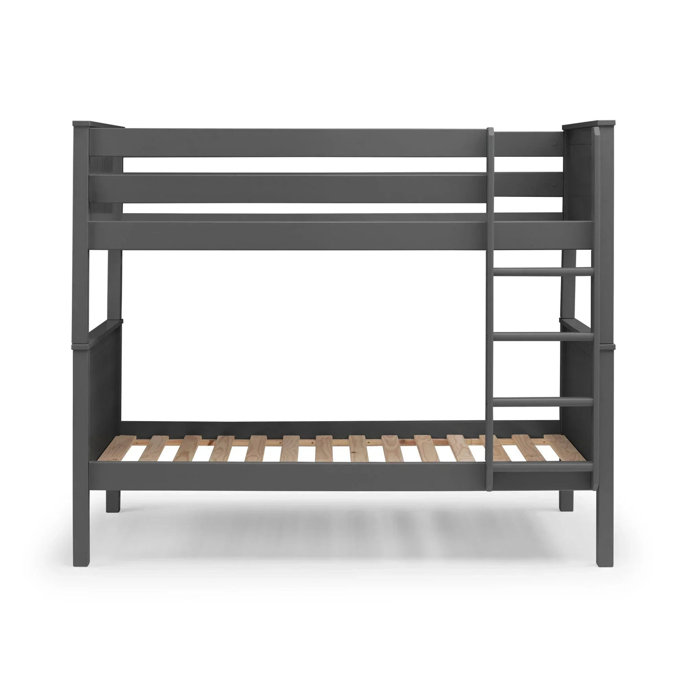 Grey wooden bunk bed frame with side ladder and horizontal guard rails, front view