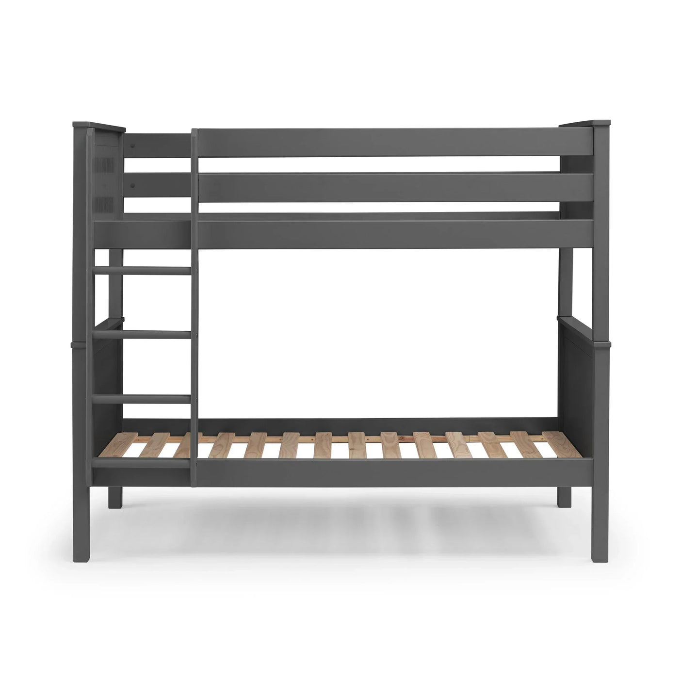 Grey wooden bunk bed with ladder and slatted base, viewed from the front