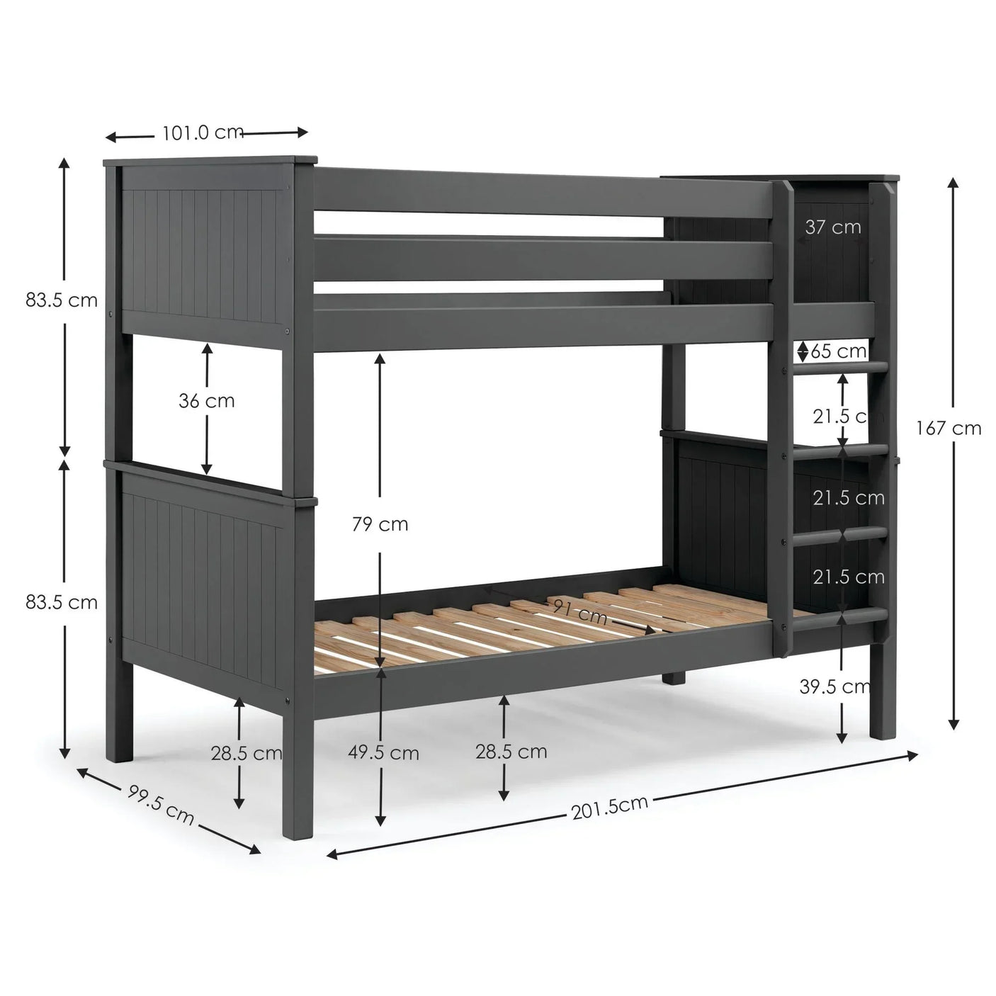 Grey wooden bunk bed with built-in ladder and shelving, labeled with dimensions