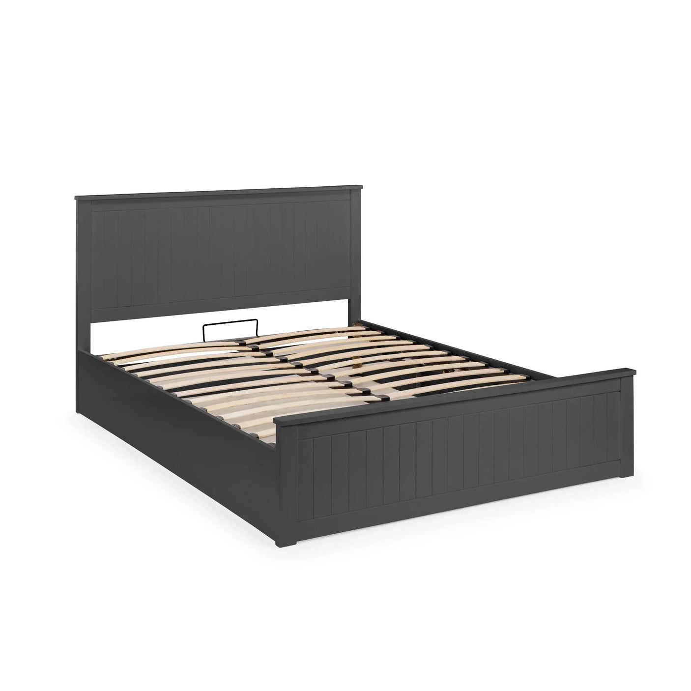 Charcoal grey wooden bed frame with slatted base and panelled headboard, angled side view