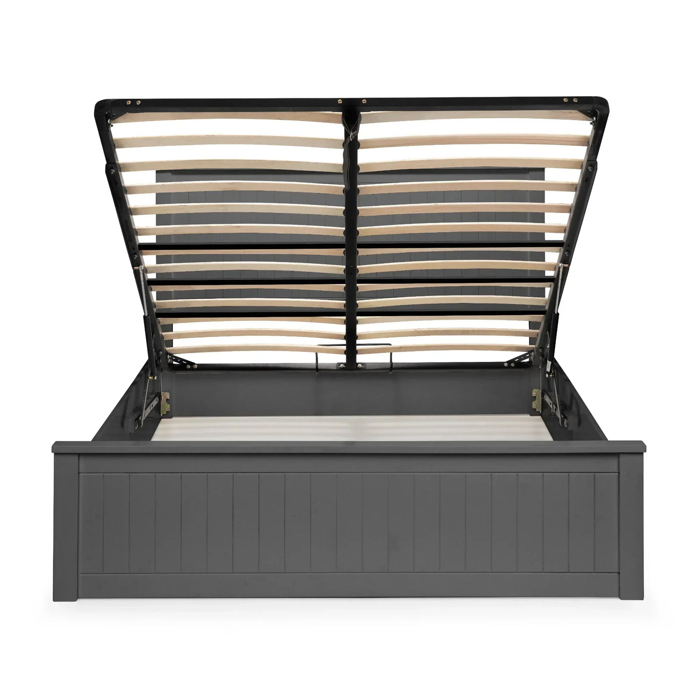Grey ottoman storage bed frame with raised slatted base, front view