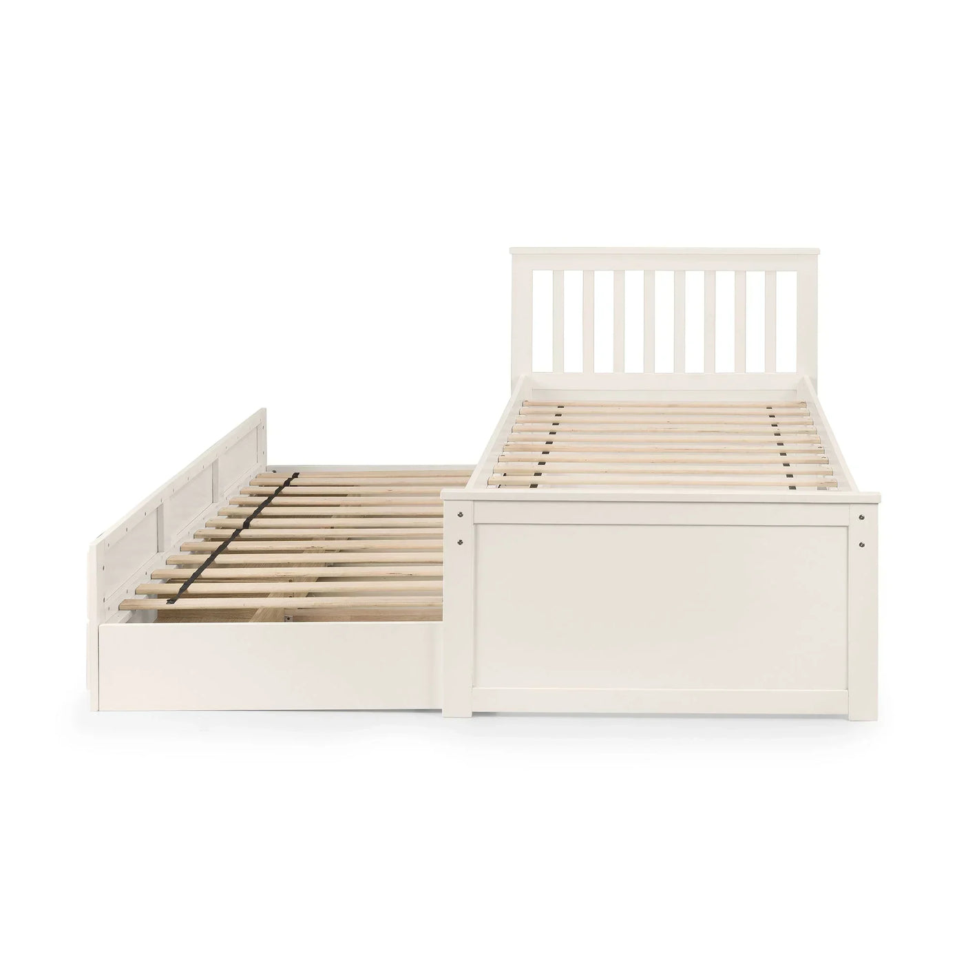 White wooden single daybed with pull-out trundle and slatted design, front view