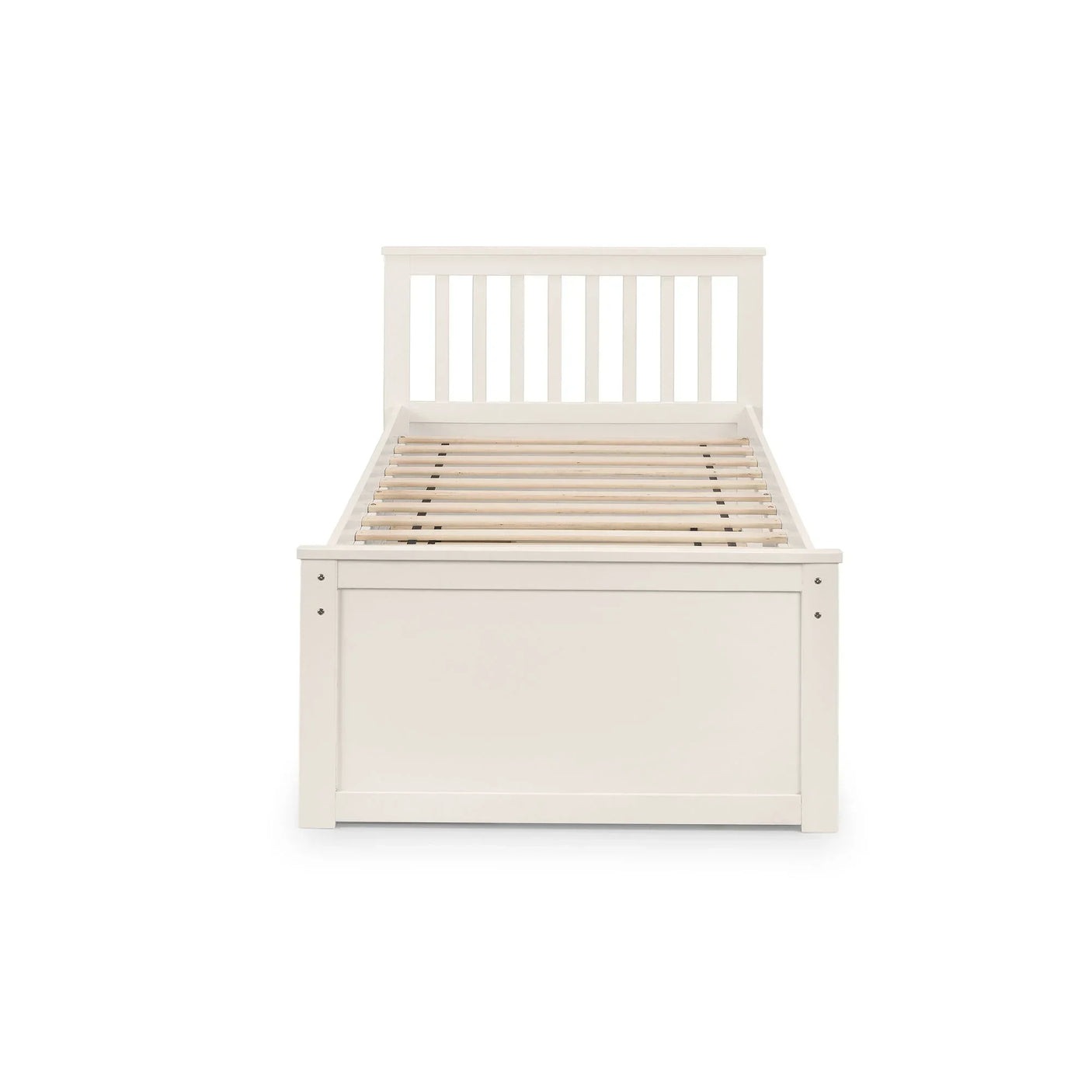 White wooden single daybed with slatted headboard and footboard, front view