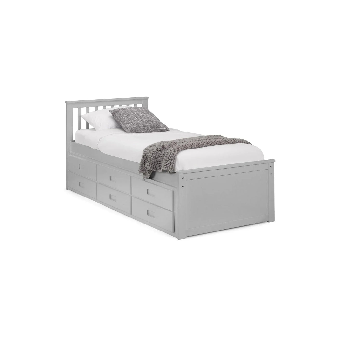 Grey wooden single bed with storage drawers, slatted headboard, bedding and throw