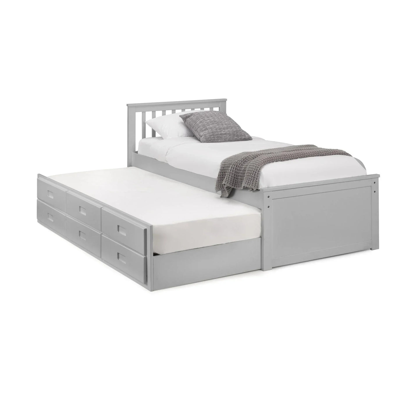 Grey wooden trundle bed with storage drawers and white bedding, side view