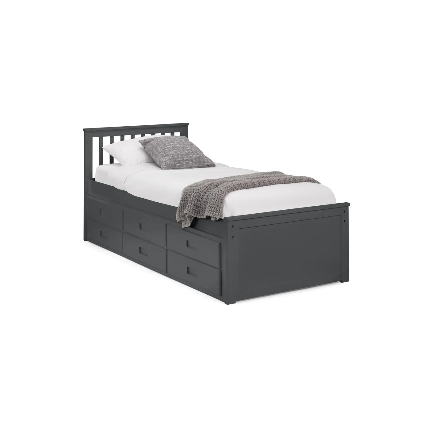 Single grey storage bed with six drawers, slatted headboard, white bedding, and grey throw