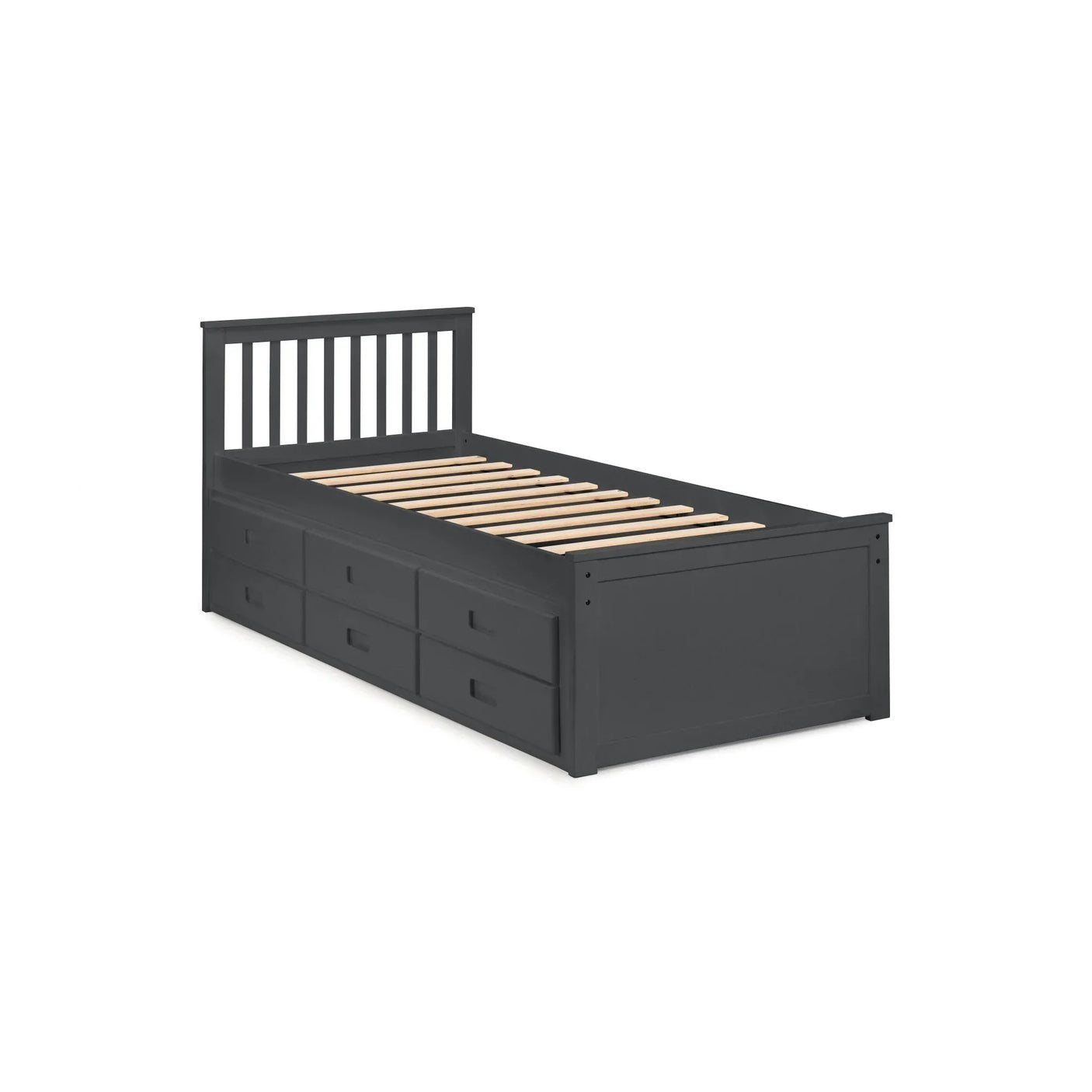 Single grey wooden storage bed frame with slatted base and three drawers on side