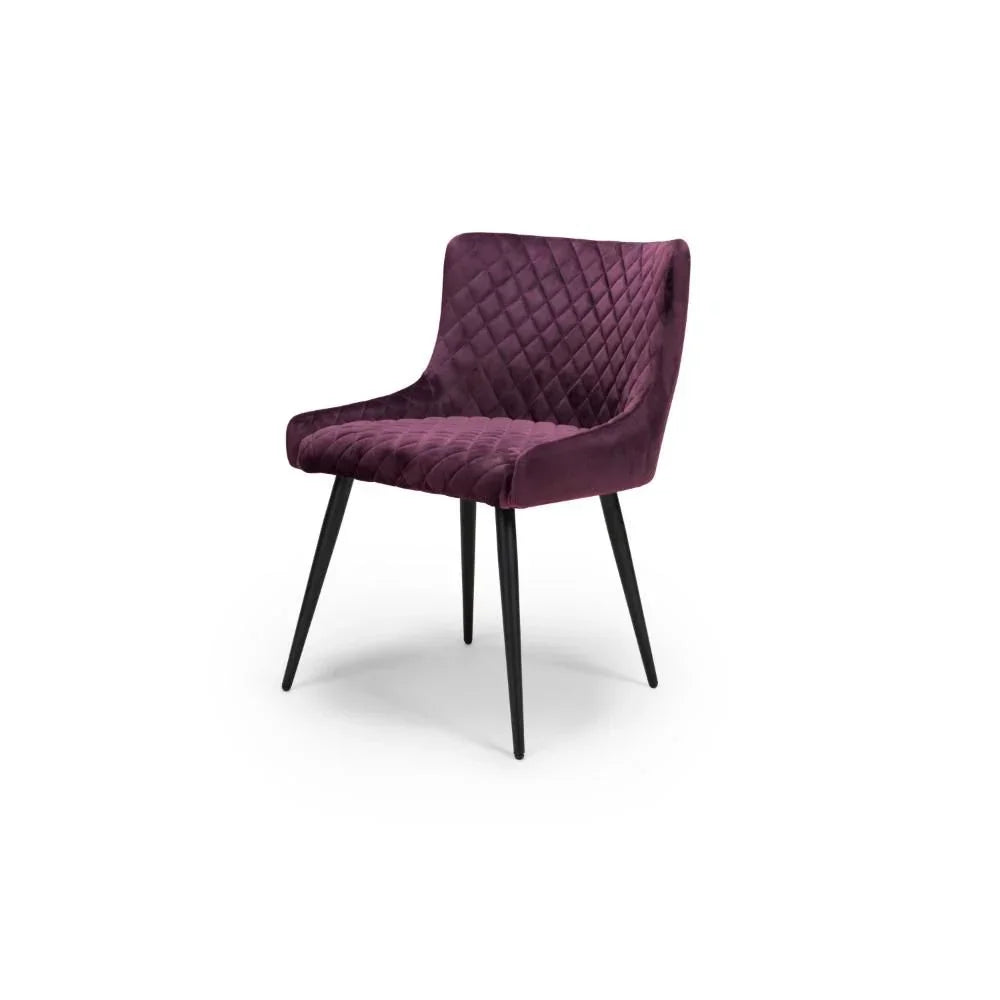 Plum velvet dining chair with quilted backrest and black metal legs