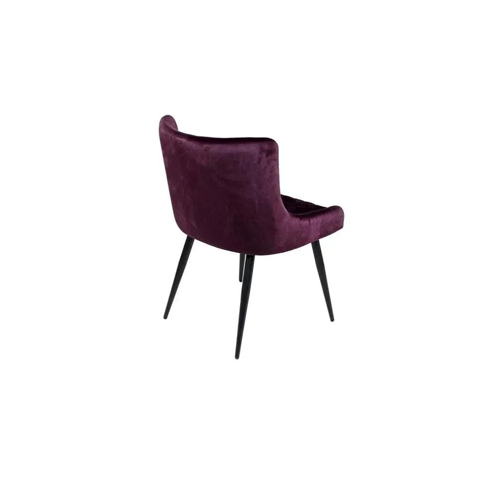 Plum velvet dining chair with black legs, rear view, modern upholstered furniture