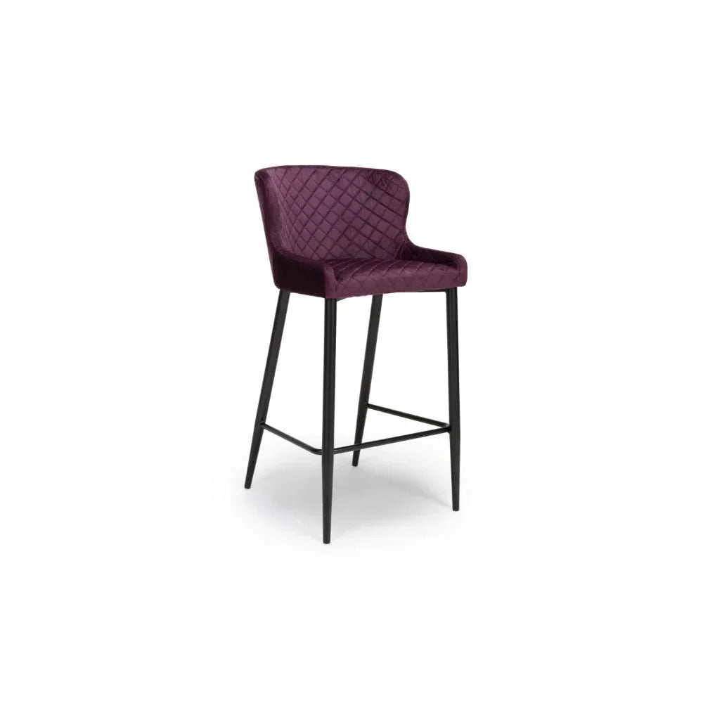 Plum velvet bar stool with quilted backrest and black metal legs, front angle view