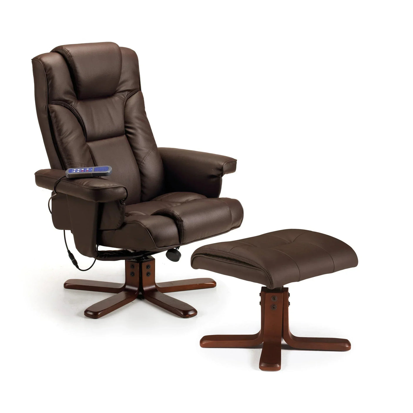 Brown leather massage chair with armrests and matching footrest on wooden bases