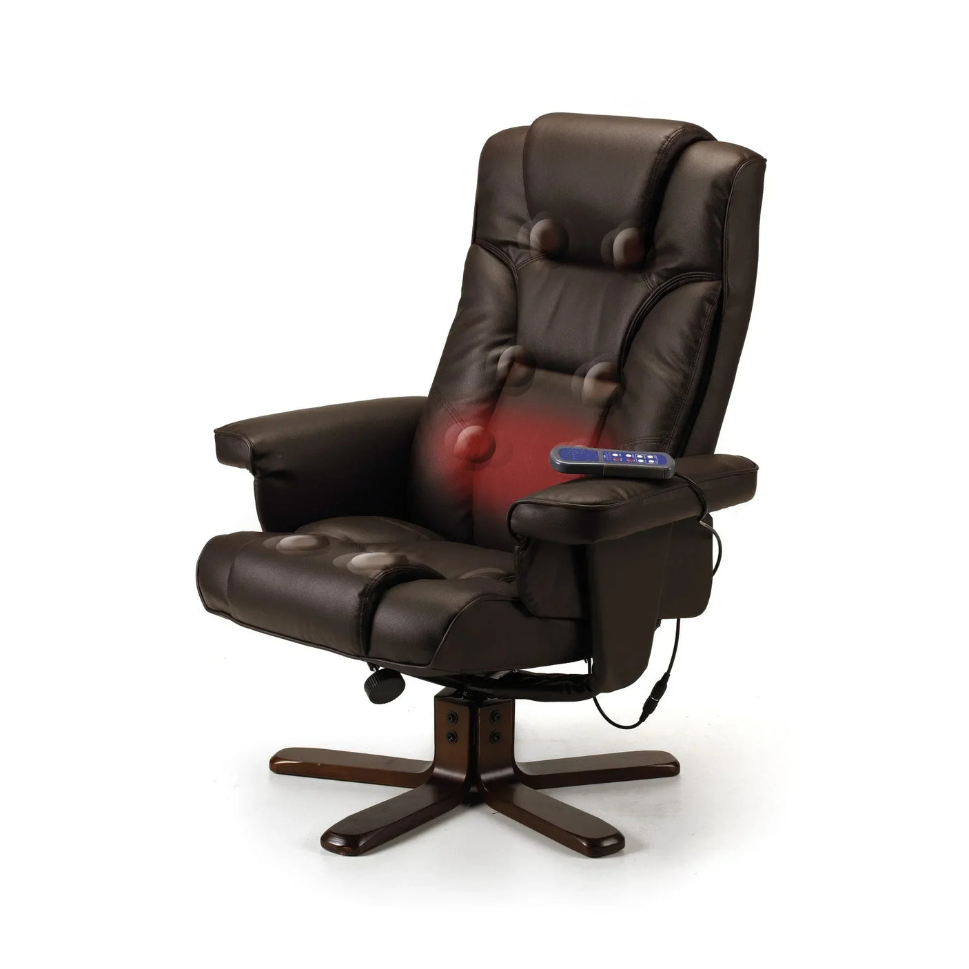 Brown leather massage chair with remote and swivel wooden base shown from side angle