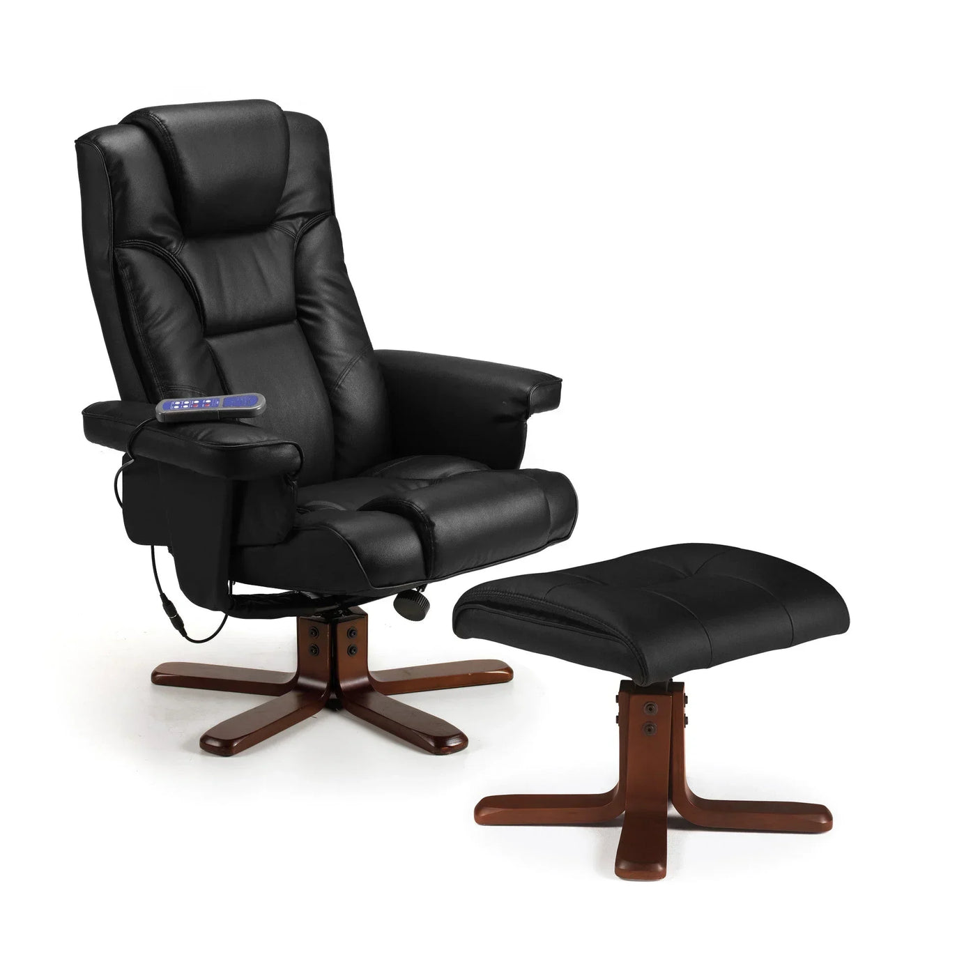 Black massage chair with armrest controls and matching footstool on wooden bases