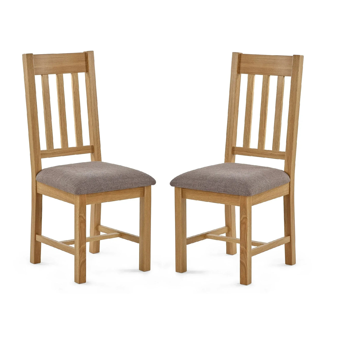 Pair of oak dining chairs with slatted backs and grey upholstered seat cushions