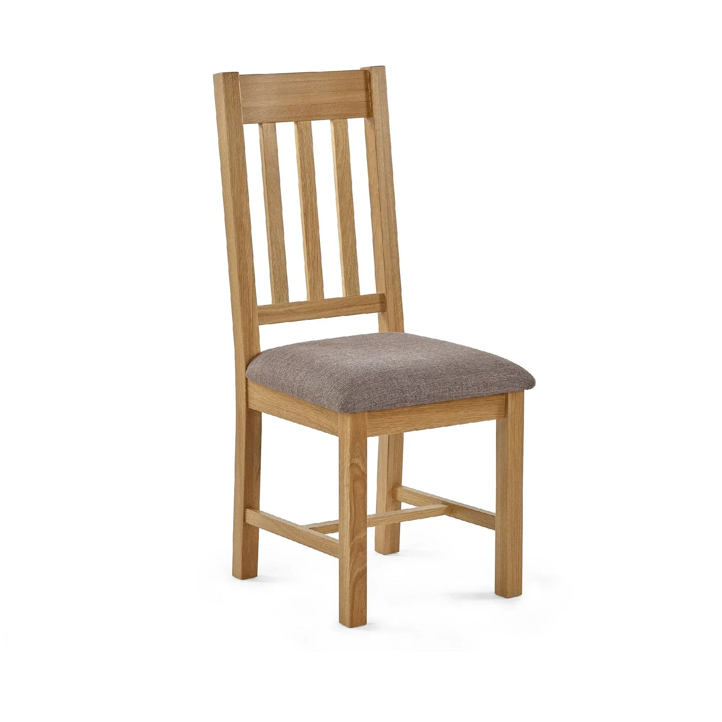 Oak dining chair with slatted backrest and upholstered grey fabric seat on white background
