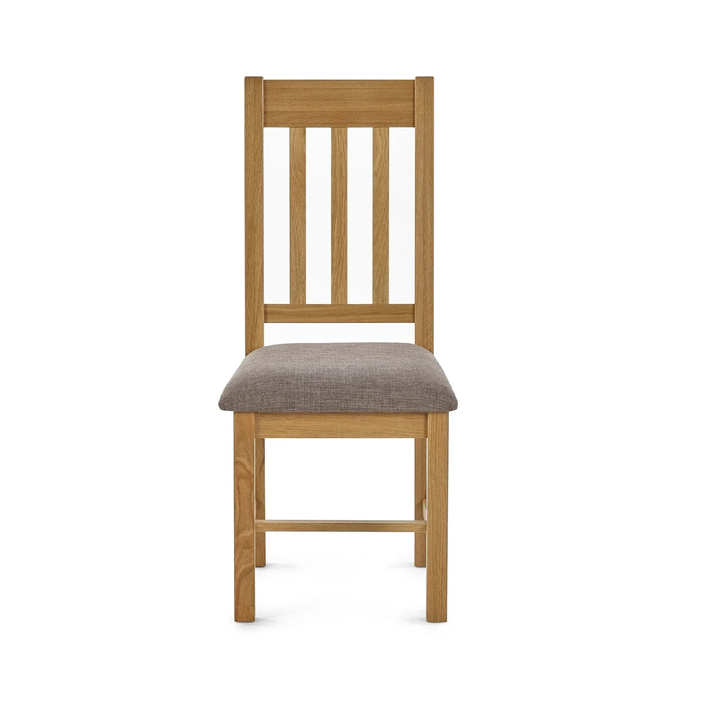 Wooden dining chair with vertical slat back and grey upholstered seat, front view
