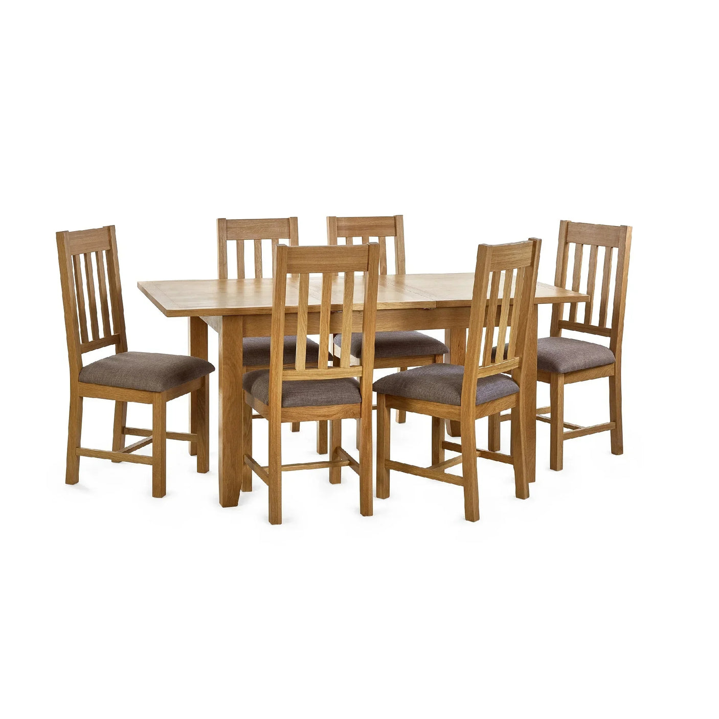 Oak dining table with six slat back chairs and brown upholstered seats