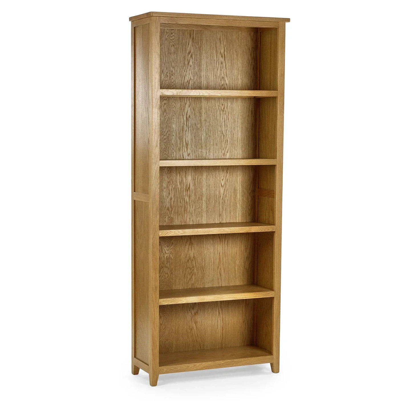 Tall oak bookcase with five shelves and wood grain finish, angled front view