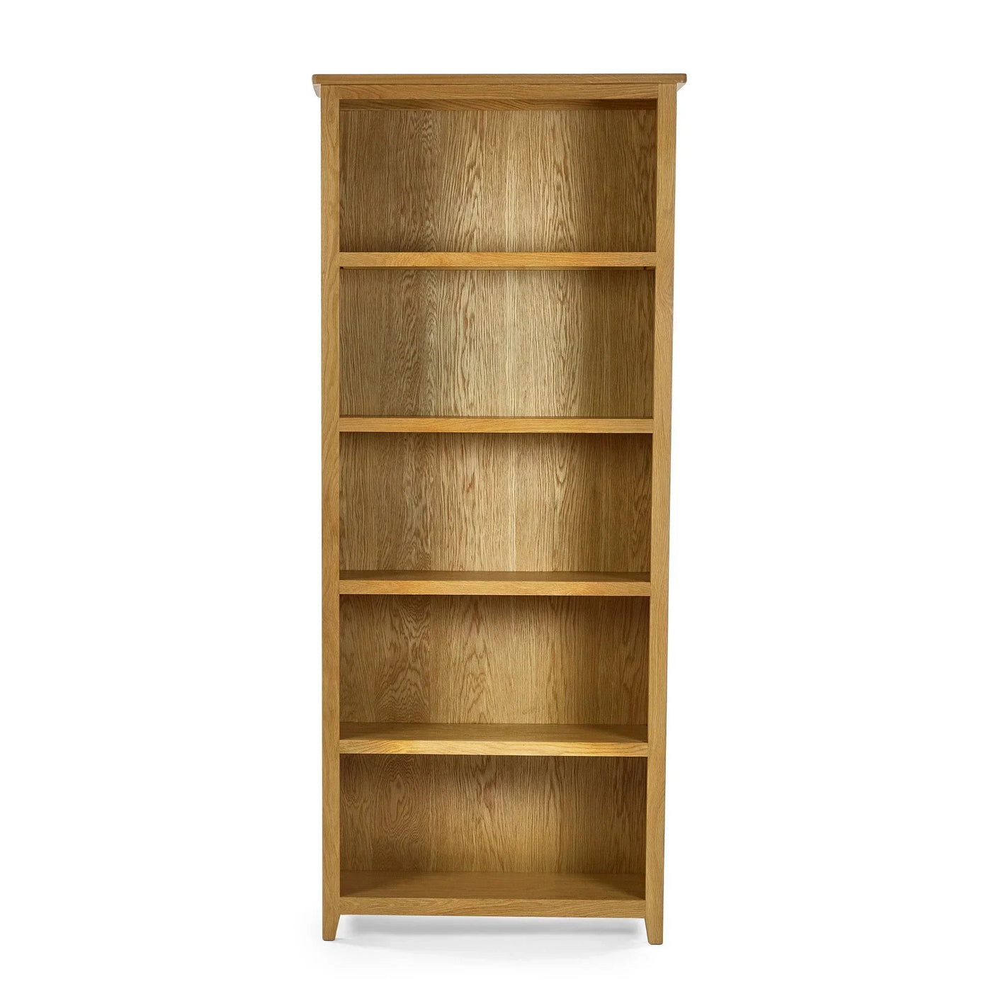 Tall oak bookcase with five shelves and wood grain finish, front view