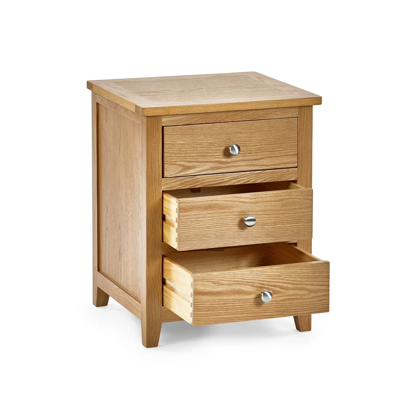 Oak three drawer bedside cabinet with silver handles and two drawers open