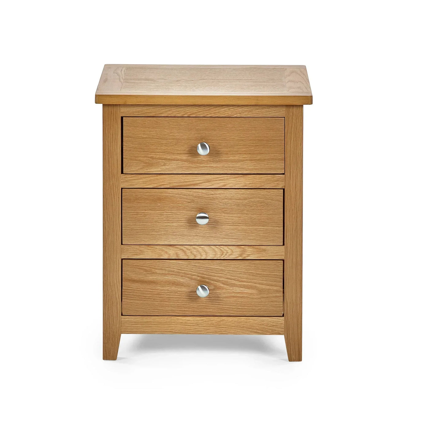 Oak bedside table with three drawers and metal handles, shown front facing