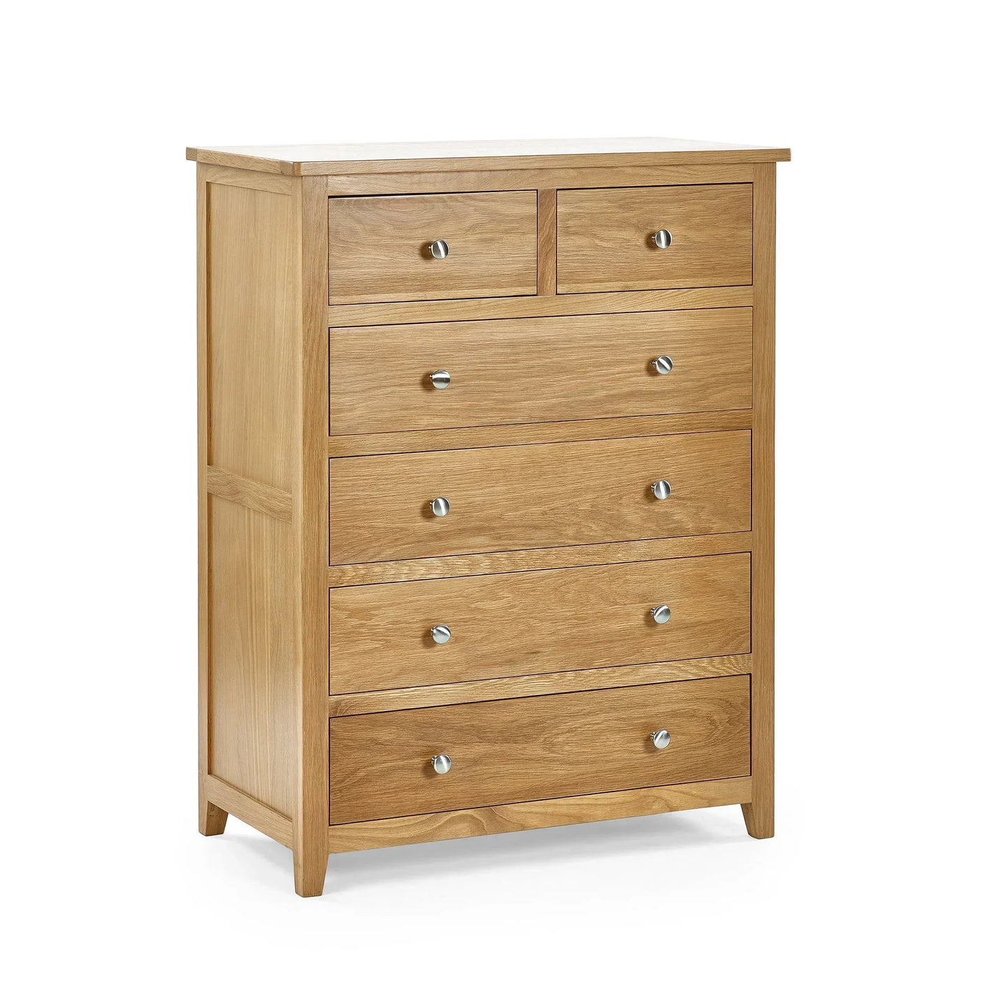 Oak chest of drawers with six drawers and silver handles, angled view on white background