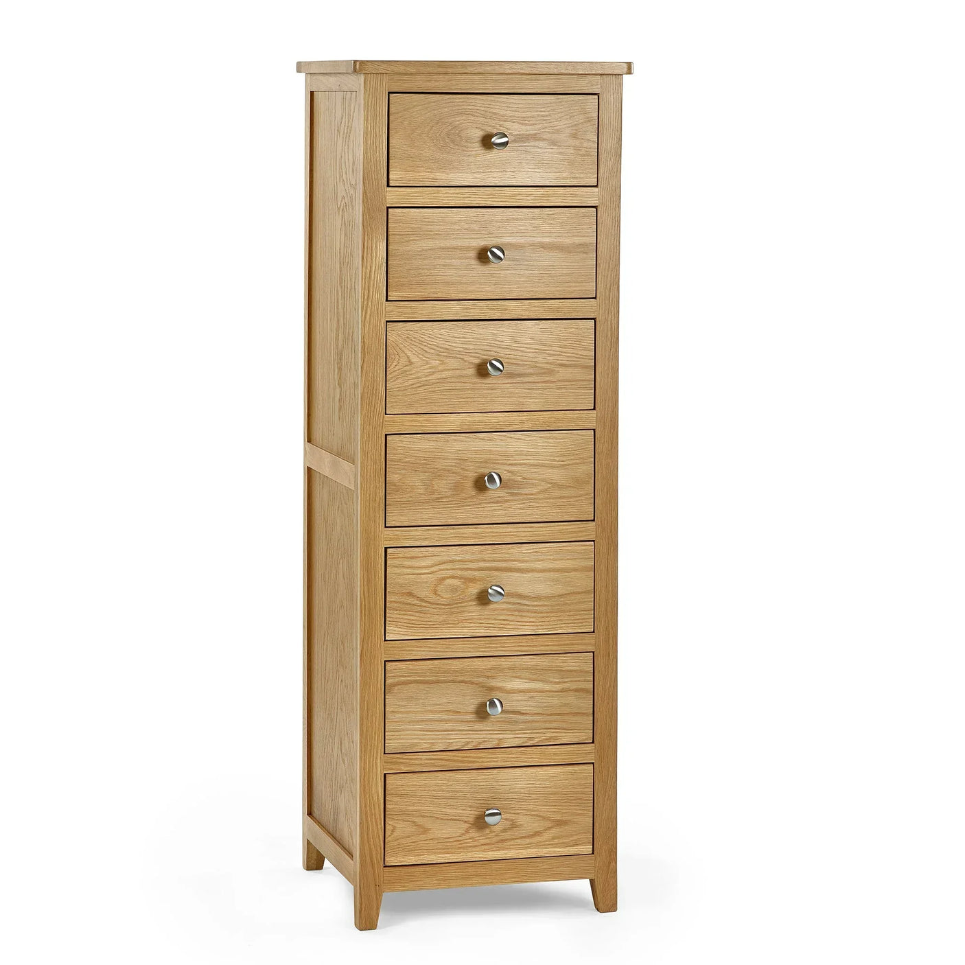Oak narrow chest of drawers with seven drawers and metal handles, front angle view