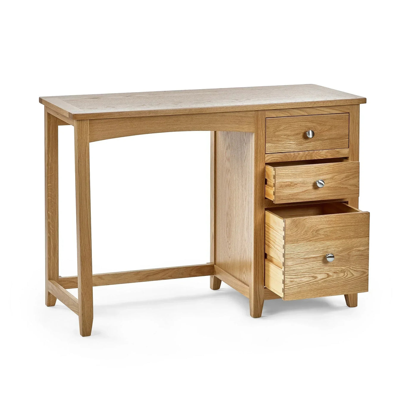 Oak dressing table with three drawers, two open, in cutout view on white background