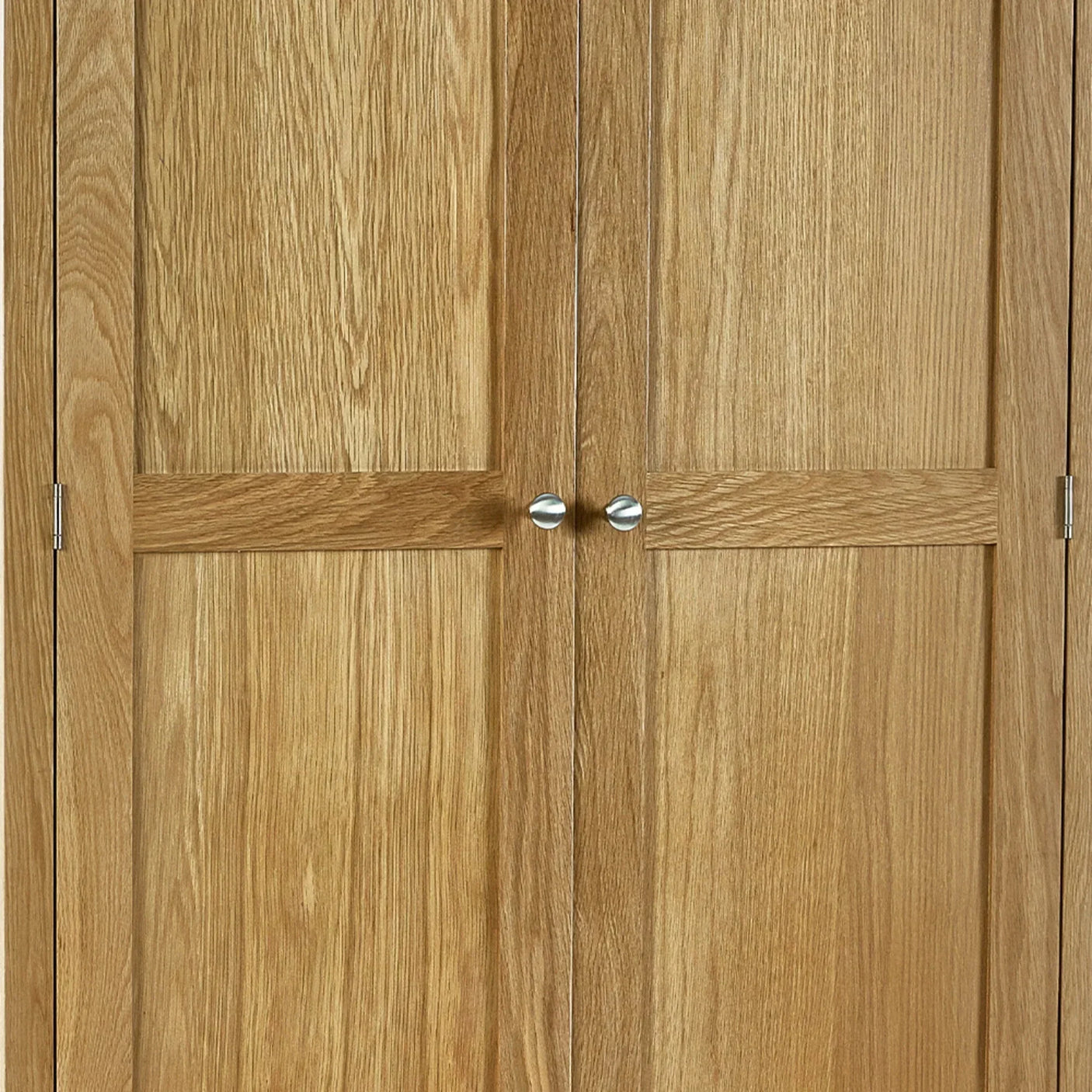 Oak combination wardrobe doors with metal handles and natural wood grain detail