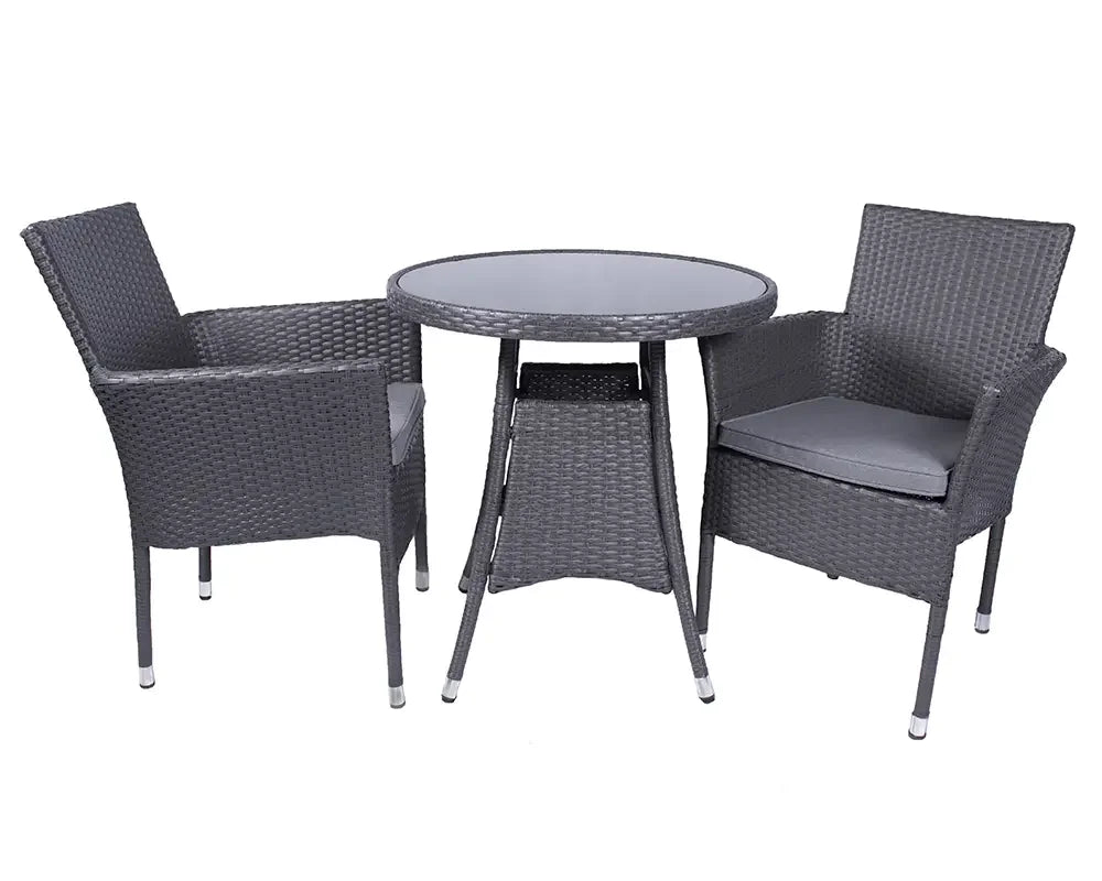 Grey rattan bistro set with two cushioned chairs and round glass top table
